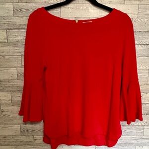 Crown & Ivey Red‎ HolidayTop w/ Bell Sleeves Size Large-Petite Gold Zipper Chic